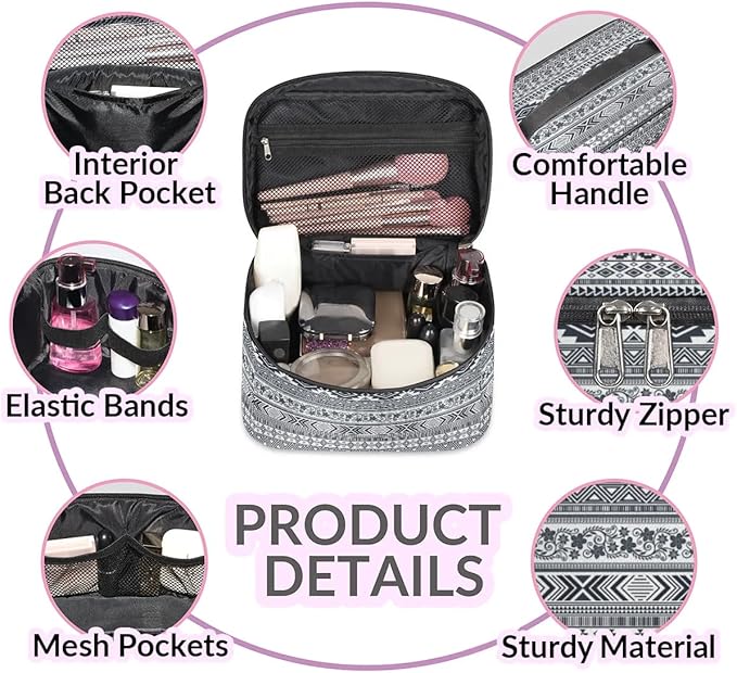 Large Makeup Bag Travel Cosmetic Bags for Women Grey Vintage Boho Geometric Chevron Aztec Makeup Organizer Case Toiletry Bag for Girls Traveling Wide Open Portable Pouch with Handle