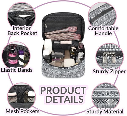 Large Makeup Bag Travel Cosmetic Bags for Women Grey Vintage Boho Geometric Chevron Aztec Makeup Organizer Case Toiletry Bag for Girls Traveling Wide Open Portable Pouch with Handle