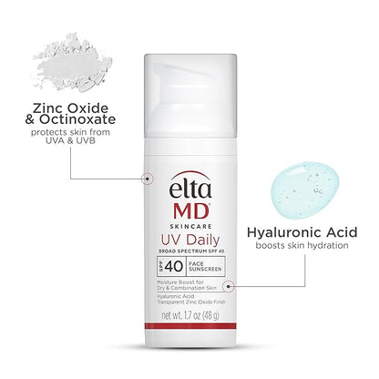 EltaMD UV Daily SPF 40 Face Sunscreen Moisturizer with Zinc Oxide, Daily Face Moisturizer with SPF, Sunscreen, For Dry Skin 1.7 oz Pump (Pack of 2)