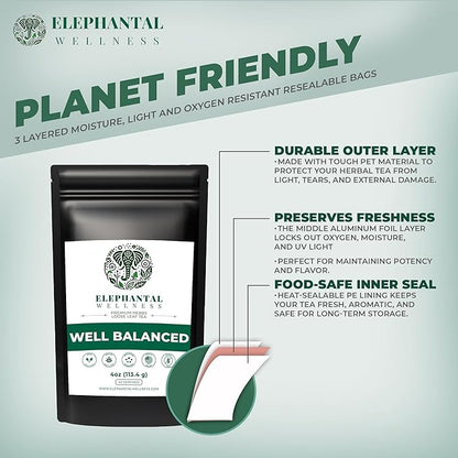 Elephantal Wellness Premium Well Balanced Herbal Tea | Healthy Cortisol, Adaptogenic Stress Energy Support with Ashwagandha, Goji, Reishi, Holy Basil & Lion’s Mane, Caffeine-Free, Non-GMO, 4 oz