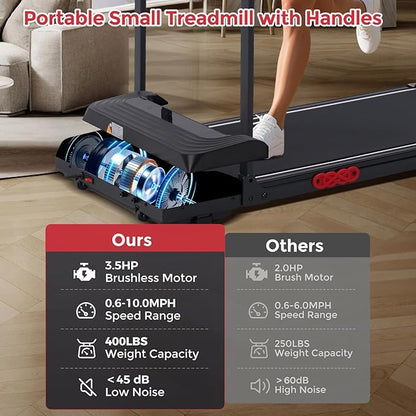 Compact Walking Pad with Handle Bar, 3.5HP Electric Portable Walking Pad Treadmills with Handles for Home Small Spaces, 0.6-10MPH Home Small Treadmill with Big Screen for Office Apartment, 400LBS
