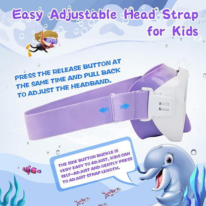 Kids Swim Goggles 180° Snorkel Diving Mask with Nose Cover, Anti-Fog Kids Swimming Goggles with Elastic Fabric Strap for Kids Boys Girls