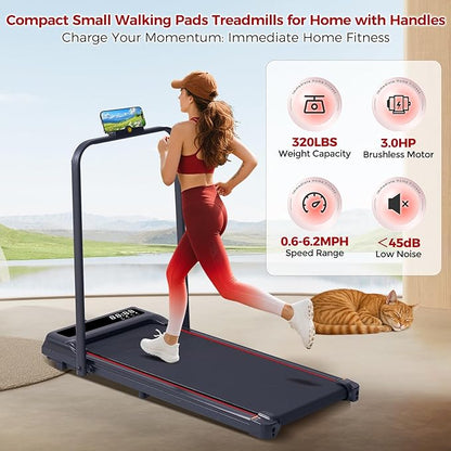 Walking Pad with Handle Bar, 3.0HP Compact Portable Walking Pad Treadmills for Home Small with Handles, 0.6-6.2MPH Electric Small Under The Desk Treadmill for Small Space, 320LBS