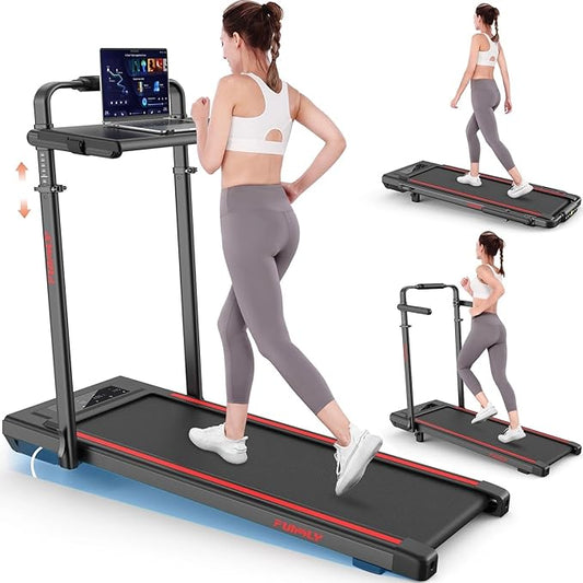 Walking Pad Treadmill with Desk Workstation, 10% Incline Foldable Treadmill with Handrail, 300lbs Capacity, 3 Control Methods, 8 in 1 Folding Treadmills for Home Office