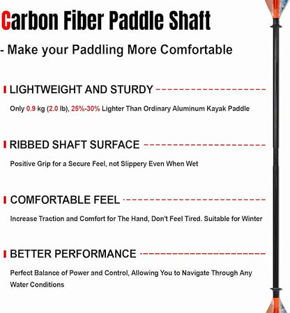 Kayak Paddle Premium Carbon Fiber Paddle with Reinforced PP + Fiberglass Blade, Floating Adjustable Kayaking Oars, 3 Piece, 220-240 cm/86-94 Inches, 240-260 cm/94-102 Inches