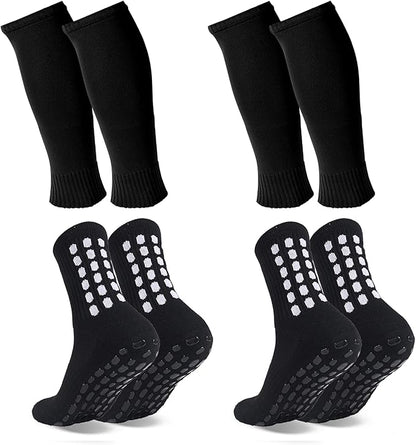 2 Set Grip Soccer Socks with Shin Guard Sleeves Non Slip Soccer Leg Sleeve Socks for Men Women