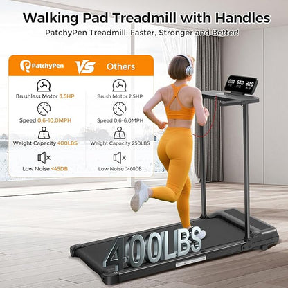 Folding Walking Pad Treadmill with Handle Bar, 3.5HP Compact Portable Foldable Walking Pads Treadmill with Handles, Electric Small Treadmills for Home Office Apartment, LED Display, 400 LBS Capacity