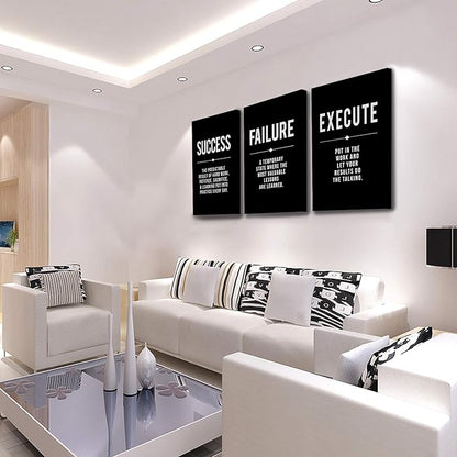 Framed Canvas Wall Art Success Quote, Office Wall Art, Black Large Poster, Positive Motivational Set of 3 Prints, Execute Failure Definition, Inspirational Print (A-3pcs,24x36inchx3pcs)