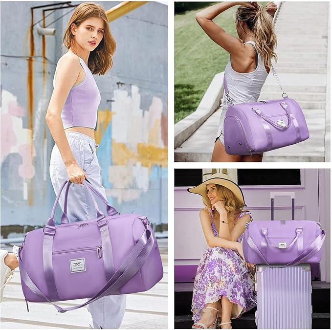 FIORETTO Womens Gym Tote Duffle Bag with Toiletry Bag, Sports Duffel Overnight Hospital Workout Carry on Bag for Girls with Wet Pocket & Shoe Compartment, Ideal for Travel, Swimming, Dance Purple