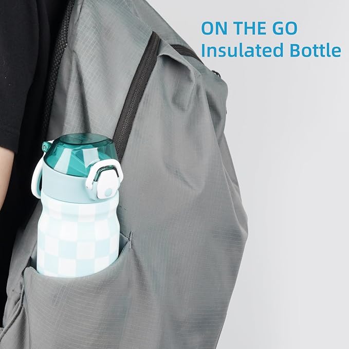 Insulated Water Bottle with Straw and Carry Loop,18 oz Stainless Steel Double Wall Vaccum Metal Water Flask with Leak-proof Lid,Blue White Plaid