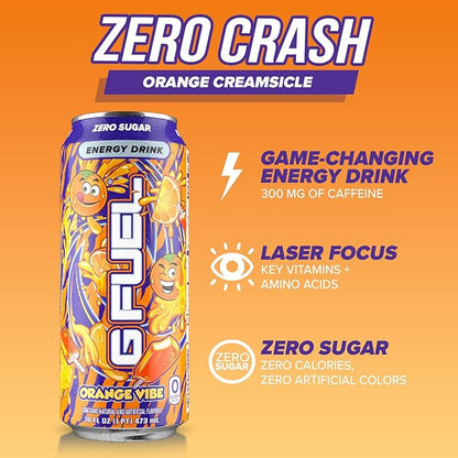 G Fuel Energy Drink, Orange Creamsicle, Sugar Free Beverage with 300mg Caffeine, Daily Energy Boost with Focus Amino, Vitamin + Antioxidants, 16 oz Cans (Orange Vibe, 12-Pack)