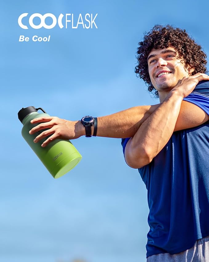 Half Gallon Water Bottle Insulated with Straw & 3 Lids, Coolflask 64 oz Water Jug Large Metal Stainless Steel Wide Mouth for Sports, Gym or Office, Non-BPA Keep Cold 48H Hot 24H, Ombre Green