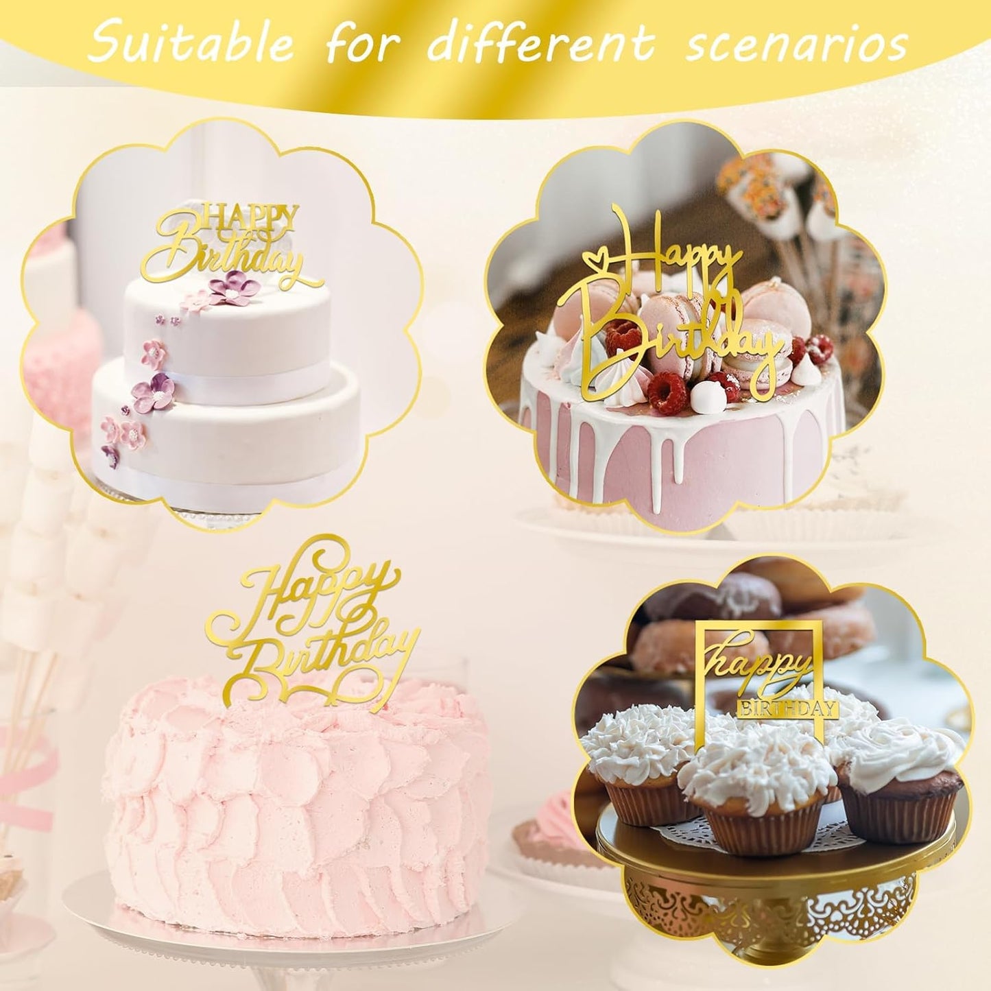 10 PCS Gold Happy Birthday Cake Topper Mirror Acrylic Cake Toppers Double-Sided Glitter Birthday Decorations for Girls Women's Party Supplies