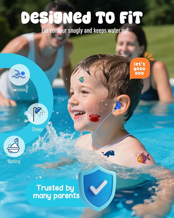 Hearprotek 3 Pairs Swimming Ear Plugs for Kids, Soft Silicone Reusable Waterproof Earplugs for Toddlers Bathing Swimming and Other Water Sports(Blue/Orange/Green)