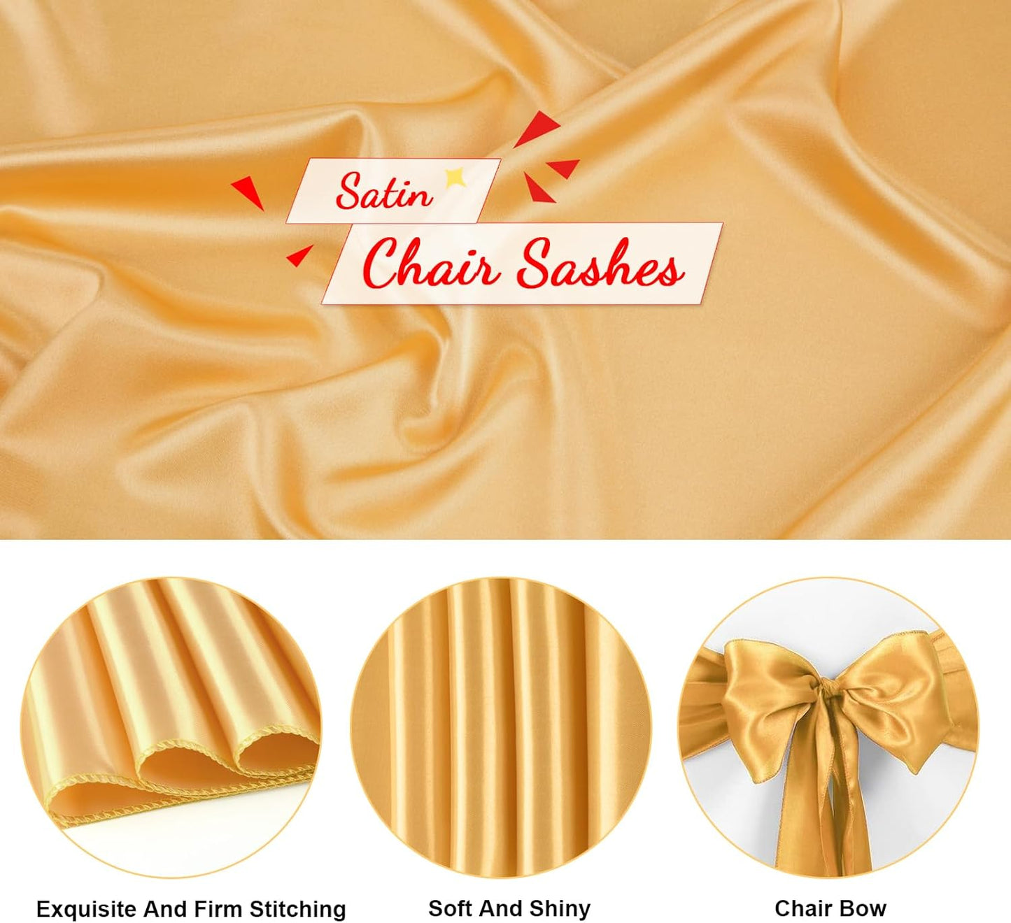 10 PCS Gold Satin Chair Sashes Bows Universal Chair Ribbon Ties Back Sash for Wedding Party Reception Events Banquets Hotel Event Chair Cover Decoration (7x108 inch)