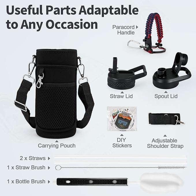 32 oz Insulated Water Bottle with Straw (Cold for 48 Hrs), Stainless Steel Triple Wall Vacuum Sports Water Jug, Leakproof Hydro Cup Flask with Paracord Handle & Straw Spout Lids & DIY Stickers
