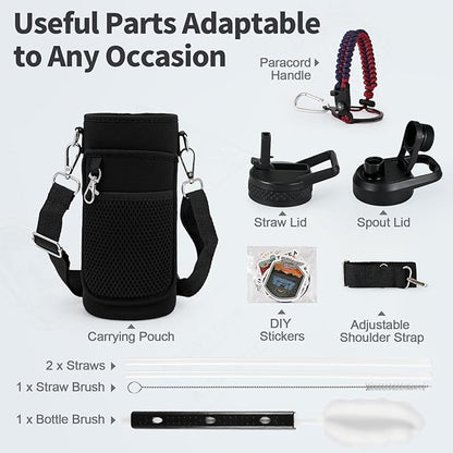 32 oz Insulated Water Bottle with Straw (Cold for 48 Hrs), Stainless Steel Triple Wall Vacuum Sports Water Jug, Leakproof Hydro Cup Flask with Paracord Handle & Straw Spout Lids & DIY Stickers