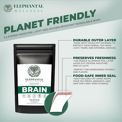 Elephantal Wellness Premium Brain Herbal Tea | Nootropic Focus & Mental Clarity Support with Ginkgo, Bacopa, Ashwagandha & Gotu Kola | Handmade, Caffeine-Free, Non-GMO Loose Leaf Blend, 4oz Loose Leaf, 40 Servings