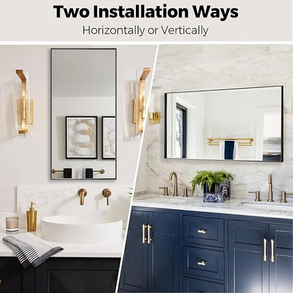 20x40 Inch Black Bathroom Mirror for Wall, Aluminum Frame Rectangle Rectangular Vanity Mirror, Modern Large for Bedroom, Living Room, Horizontal or Vertical