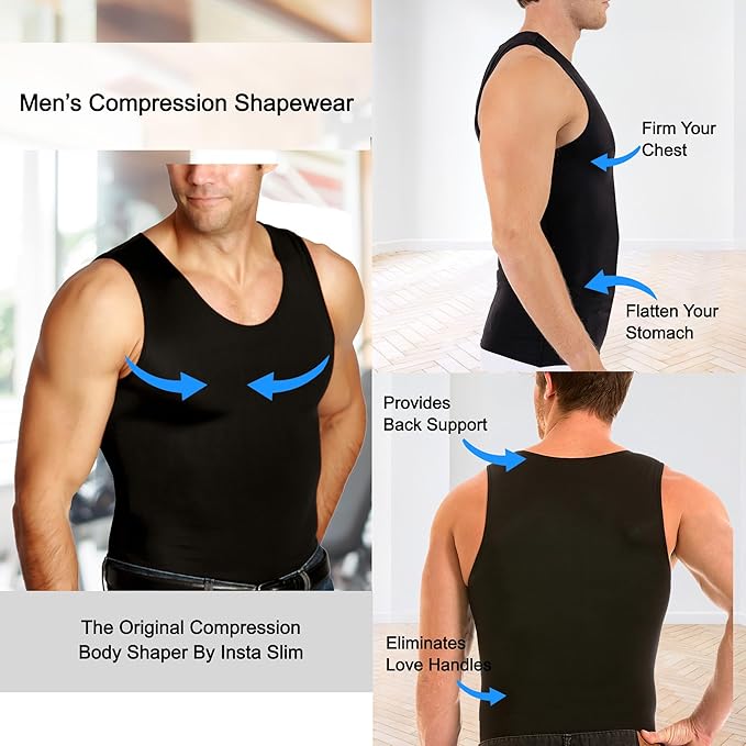 Insta Slim -Made in USA- Compression Tank-Top Shapewear for Men. Tummy Control Slimming Body-Shaper for Belly & Back Support
