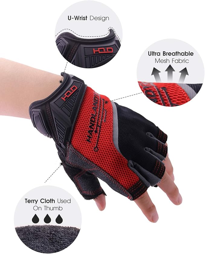 'HANDLANDY Fingerless Work Gloves for Men and Women Utility Padded Half Finger Driving Working Gloves (Small, Red)