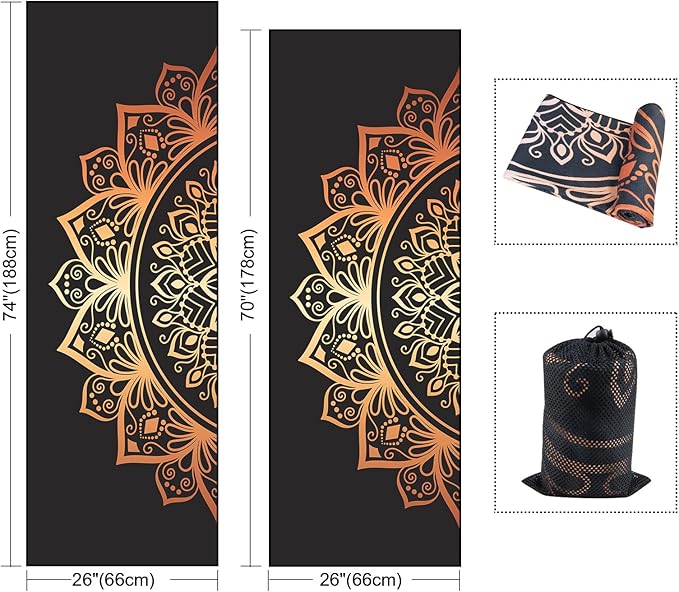 QiyI Yoga Mat Towel with Corner Pockets, Non Slip Sweat Absorbent Hot Yoga Towels, Soft Yoga Blankets with Travel Bag, Skidless Mat Cover for Workout, Gym, Fitness - 70"x26", Luxury Golden Mandala