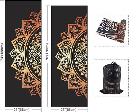 QiyI Yoga Mat Towel with Corner Pockets, Non Slip Sweat Absorbent Hot Yoga Towels, Soft Yoga Blankets with Travel Bag, Skidless Mat Cover for Workout, Gym, Fitness - 70"x26", Luxury Golden Mandala