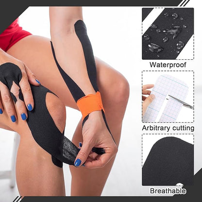 12 Pcs Precut Kinesiology Tape for Knees Waterproof Sport Knee Tape Elastic Breathable Latex-Free Athletic Tape Knee Pain Relief Tape for Knee Tendons Support Strips Fitness(Black)