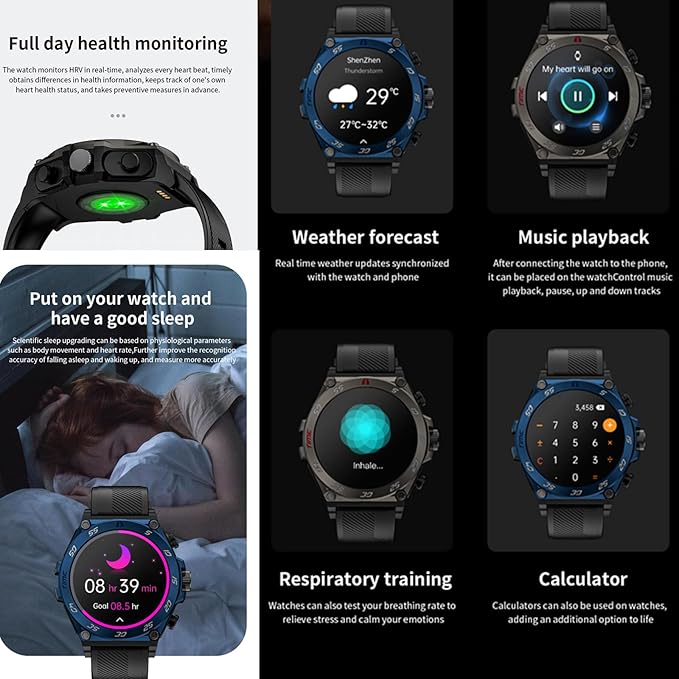 LC18 Smart Watch with Earbuds 1.53 Inch Round Smartwatch Built-in Wireless Bluetooth Headphones Health Monitor Speaker Fitness Tracker 128M Local Music Player (Black Silicone+Steel)
