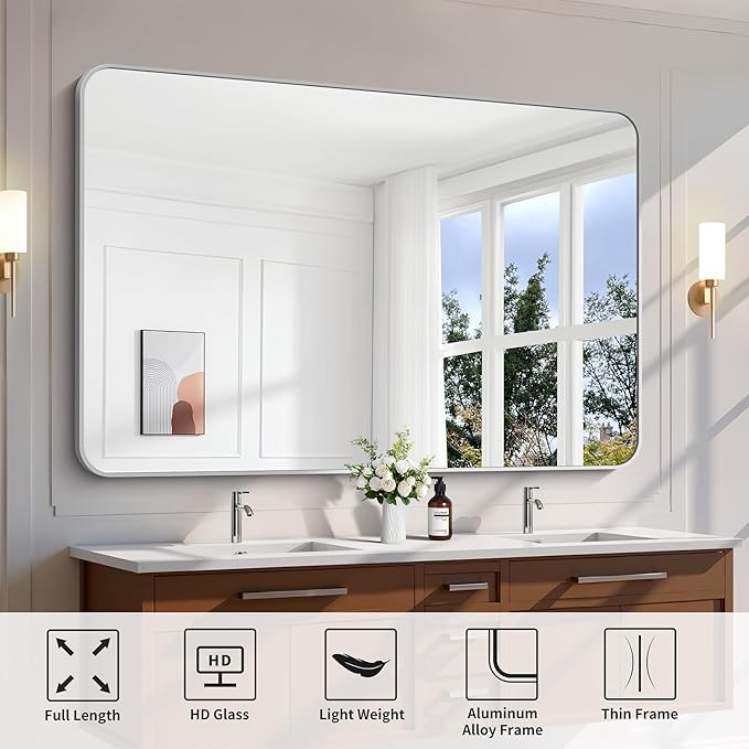 FORBATH 60x40 Inch Silver Bathroom Mirror for Over Sink, Large Rectangular Wall Mirror with Metal Frame, Rounded Corners for Bathroom, Bedroom, Entryway Decor (Horizontal or Vertical)