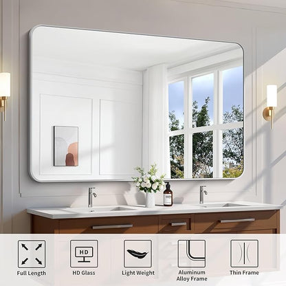 FORBATH 60x40 Inch Silver Bathroom Mirror for Over Sink, Large Rectangular Wall Mirror with Metal Frame, Rounded Corners for Bathroom, Bedroom, Entryway Decor (Horizontal or Vertical)