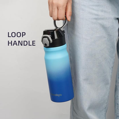 Insulated Water Bottle with Straw and Carry Loop,18 oz Stainless Steel Double Wall Vaccum Metal Water Flask with Leak-proof Lid,Sky