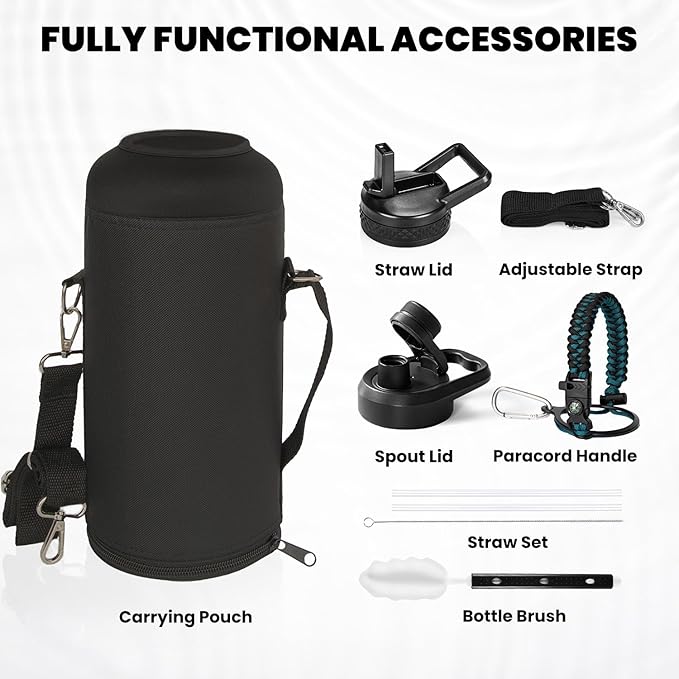 Insulated Water Bottle 87 oz, Triple Wall Vacuum Stainless Steel (Cold for 48 Hrs), Leak Proof & Non-BPA, Modern Water Flask Jug with Paracord Handle & Straw Spout Lids, Indigo/Black