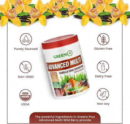 Greens+ Advanced Multi Vanilla Chai Superfood Powder, Organic Healthy Blend for Morning Vitality, Nutrition, Vibrant Health, Dietary Supplement, Vitamins Minerals, Vegan, Soy/Dairy/Gluten Free(9.4oz)