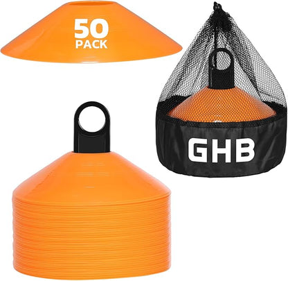 GHB Soccer Cones 25/50/100 Pack Disc Soccer Sport Cones Training Field Marker Agility Cones for Traffic, Basketball, Coaching, Practice Equipment Includes Cone Drills Guide