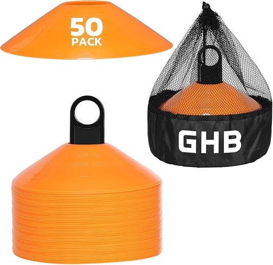 GHB Soccer Cones 25/50/100 Pack Disc Soccer Sport Cones Training Field Marker Agility Cones for Traffic, Basketball, Coaching, Practice Equipment Includes Cone Drills Guide
