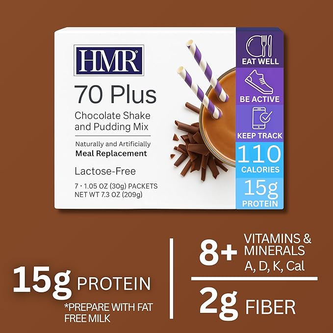 HMR 70 Plus Chocolate Shake & Pudding Mix | Meal Replacement Powder | Lactose-Free | 15g Protein | Easy to Make | Low Calorie | 7 Single Serving Packets each