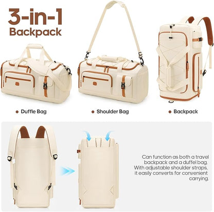 Gym Bag for Men and Women with Shoe & Laptop Compartment, 3-in-1 Sports Travel Duffel Bag Anti-Theft Weekender Carry-On Backpack for Airplane & Workout, Overnight Travel Bag,35L (Beige, Medium)