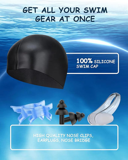 Kids Swim Goggles, Swimming Goggles for Kids Toddlers 3-14 with Swim Cap, Nose Clip, Nose Bridge, Ear Plugs