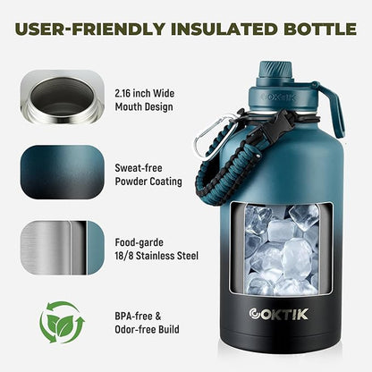 Half Gallon Insulated Water Bottle, 64 oz Triple Wall Stainless Steel Flask, Keeps Drinks Cold for 48 Hrs Leak-Proof & BPA-Free Half Gallon Jug with Paracord Handle, Straw & Spout Lids(Indigo Black)