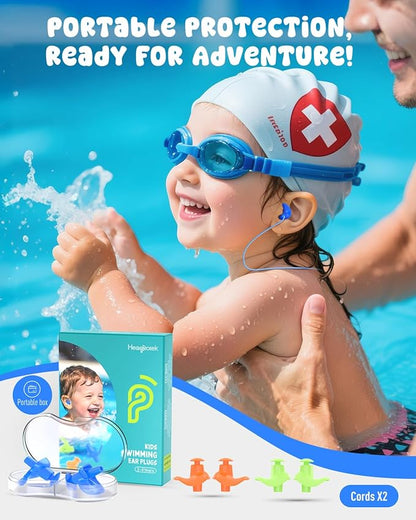 Hearprotek 3 Pairs Swimming Ear Plugs for Kids, Soft Silicone Reusable Waterproof Earplugs for Toddlers Bathing Swimming and Other Water Sports(Blue/Orange/Green)