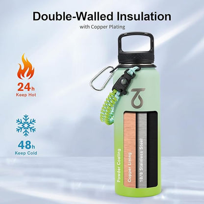 Trebo 40oz Water Bottle Insulated with Lid and Straw,Double Wall Vacuum Stainless Steel Metal Sports Flask with Paracord Handle, Keep Hot 24 Hours & Cold 48 Hours Water Jug with 3 Lids, Dark Green