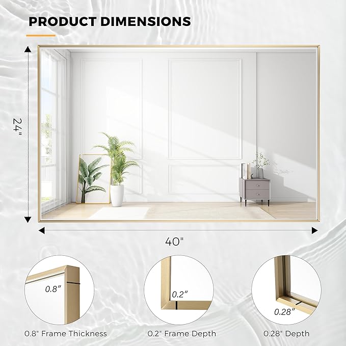 24x40 Inch Brass Bathroom Mirror for Wall, Aluminum Frame Rectangle Rectangular Vanity Mirror, Modern Large for Bedroom, Living Room, Horizontal or Vertical