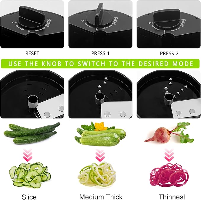 3 in 1 Vegetable Spiralizer Slicer, Adjustable Zucchini Carrot Noodle Maker, Cucumber Spiral Cutter, Easy to Use Kitchen Tool（Black）