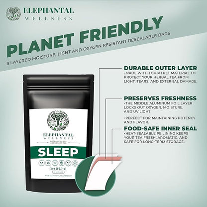 Elephantal Wellness Premium Sleep Herbal Tea | Deep Rest & Relaxation Support with Valerian Root, Passionflower, Chamomile, Lemon Balm Tea & Skullcap | Handmade, Caffeine-Free, Non-GMO Loose Leaf Blend, 2oz, 20 Servings