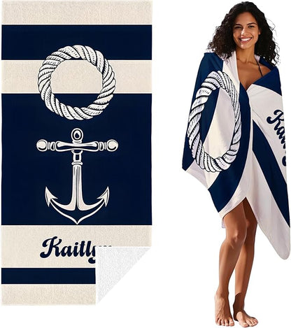 JML Personalized Beach Towel with Name, Custom Anchor Beach Towel, Customized Microfiber Pool Towel, Quick Dry & Absorbent Swim Towel for Adult,Mother's Day, Birthday, Summer Holiday,Vacation