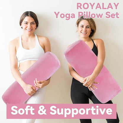ROYALAY 2 Pcs Yoga Bolster Pillow for Restorative Yoga, Rectangular and Cylinder Meditation Pillow Set with Carrying Handles, Supportive Cushion for Exercise Workout Stretching Meditation,Pink