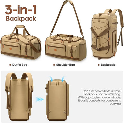 Gym Bag for Men and Women with Shoe & Laptop Compartment, 3-in-1 Sports Travel Duffel Bag Anti-Theft Weekender Carry-On Backpack for Airplane & Workout, Overnight Travel Bag,35L (Khaki, Medium)