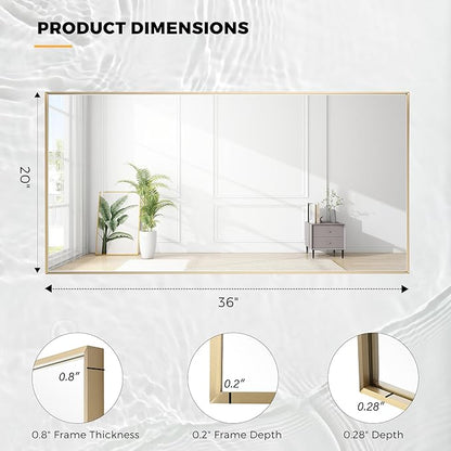 20x36 Inch Brass Bathroom Mirror for Wall, Aluminum Frame Rectangle Rectangular Vanity Mirror, Modern Large for Bedroom, Living Room, Horizontal or Vertical