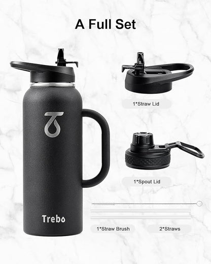 Trebo 40oz Water Bottle Insulated with Handle, Stainless Steel Metal Large Jug,Travel Flask with Straw Spout Lid,Mug Tumbler Cup with Carry Pouch,Keep Cold Hot, Indigo Black